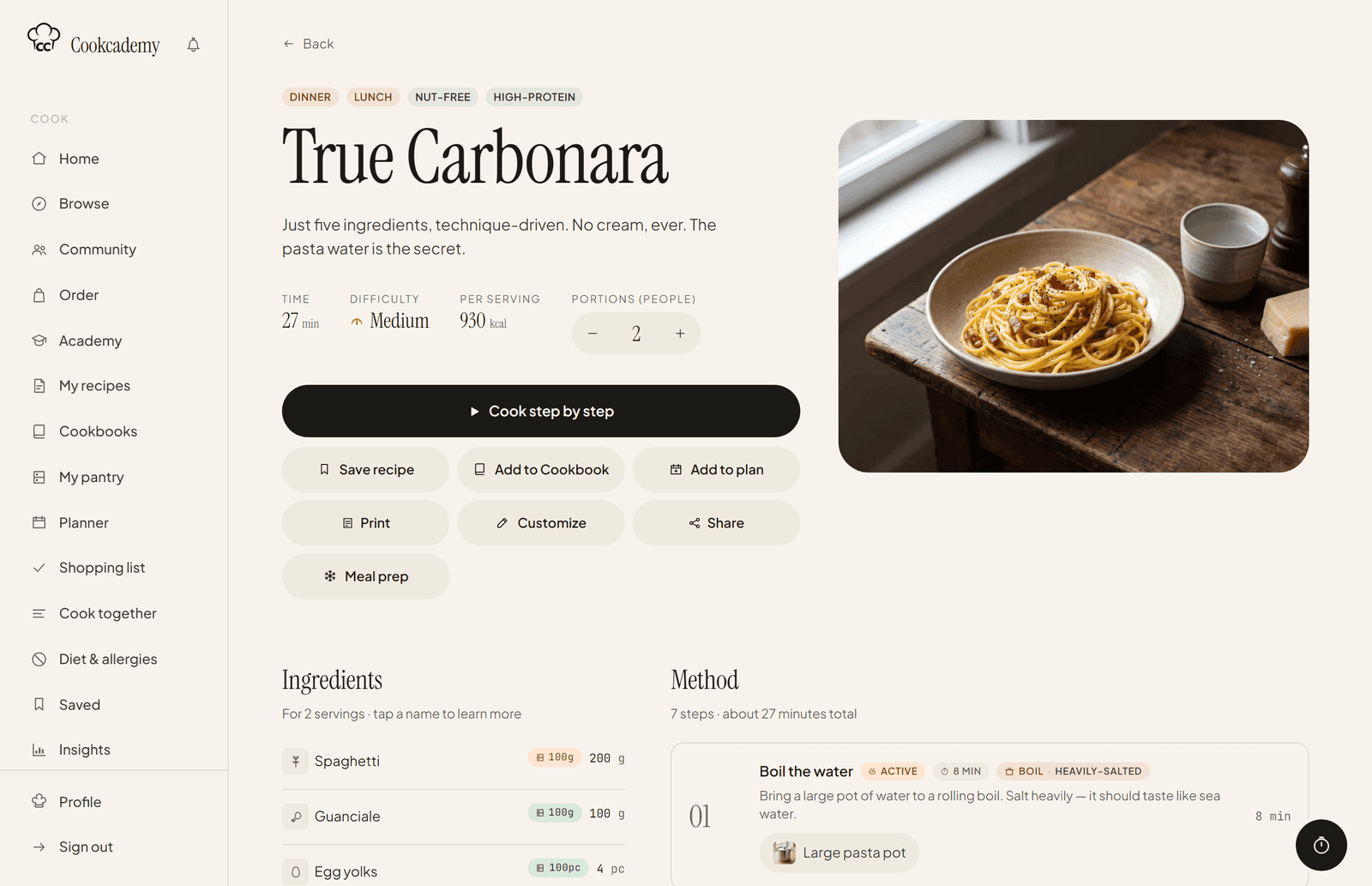 The True Carbonara recipe on a laptop – tags, time, difficulty, calories, the portion switch, ingredients and the first steps of the method