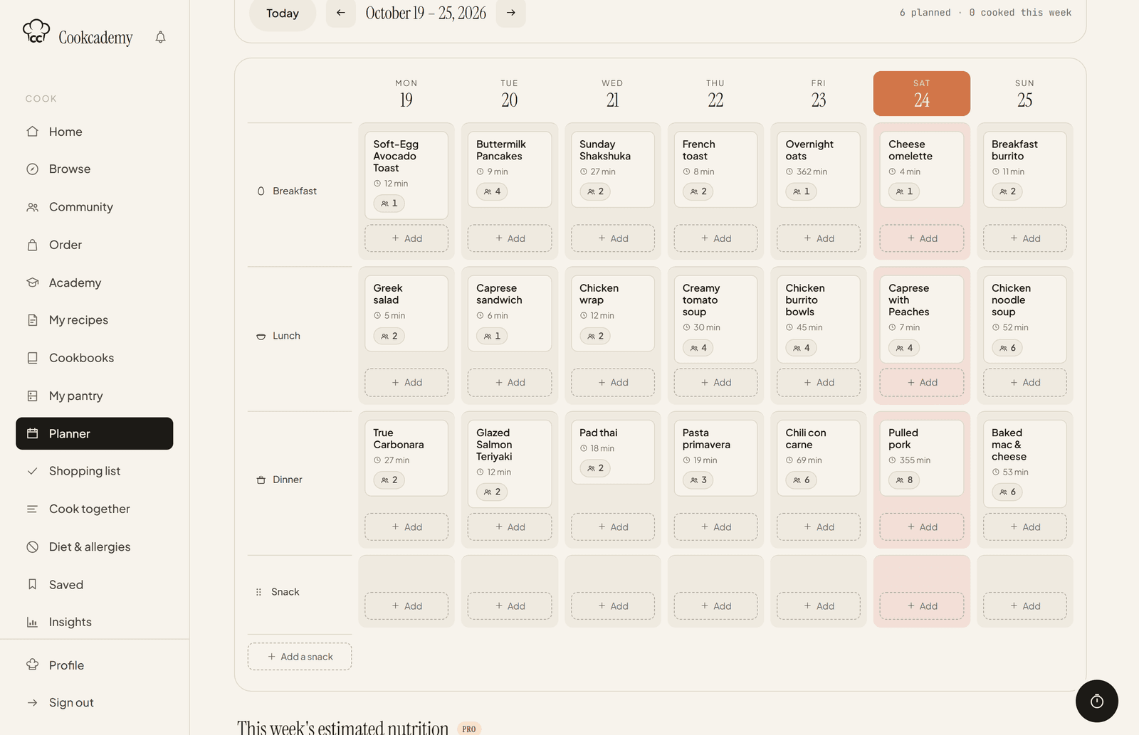 The weekly planner on a laptop – seven days of breakfasts, lunches and dinners with prep time and portions