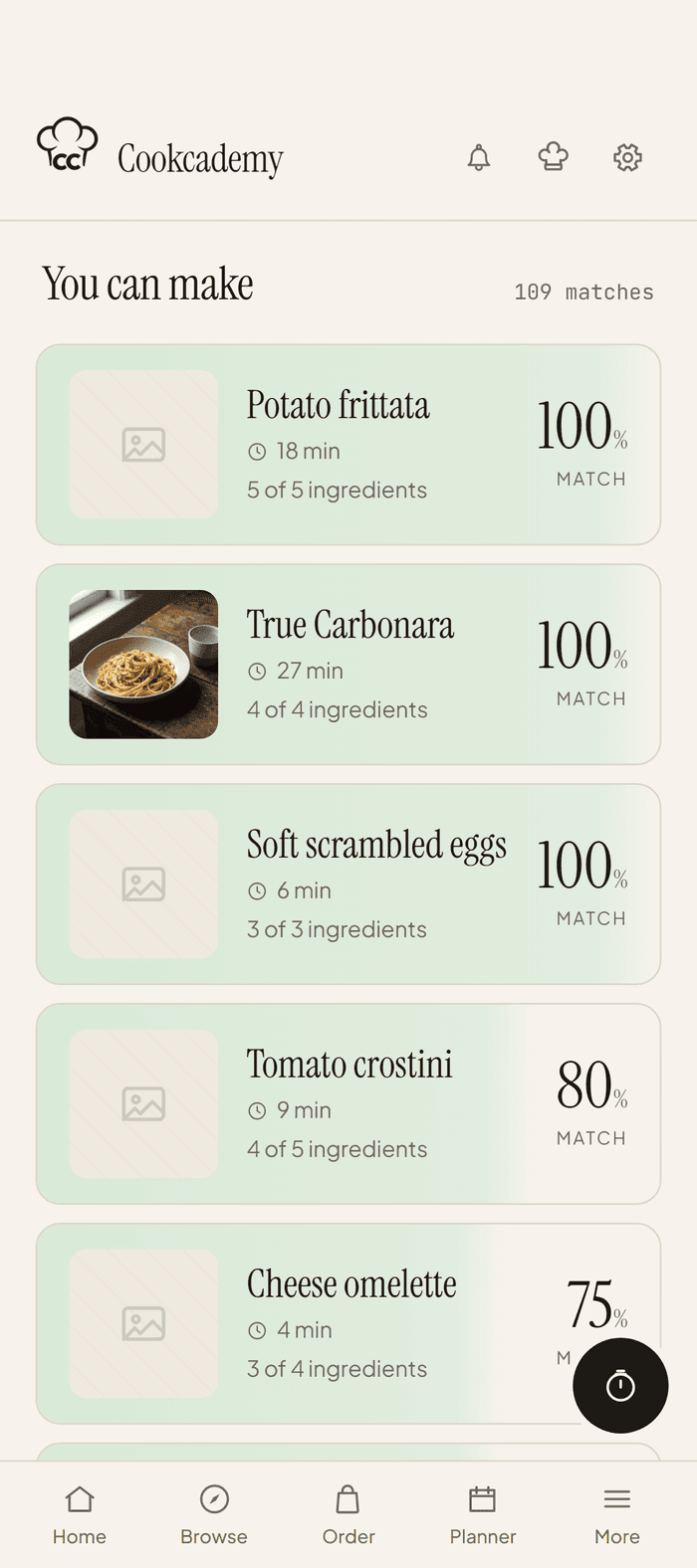 The You can make section on an iPhone – recipes ranked by how well they match the pantry, True Carbonara at 100%