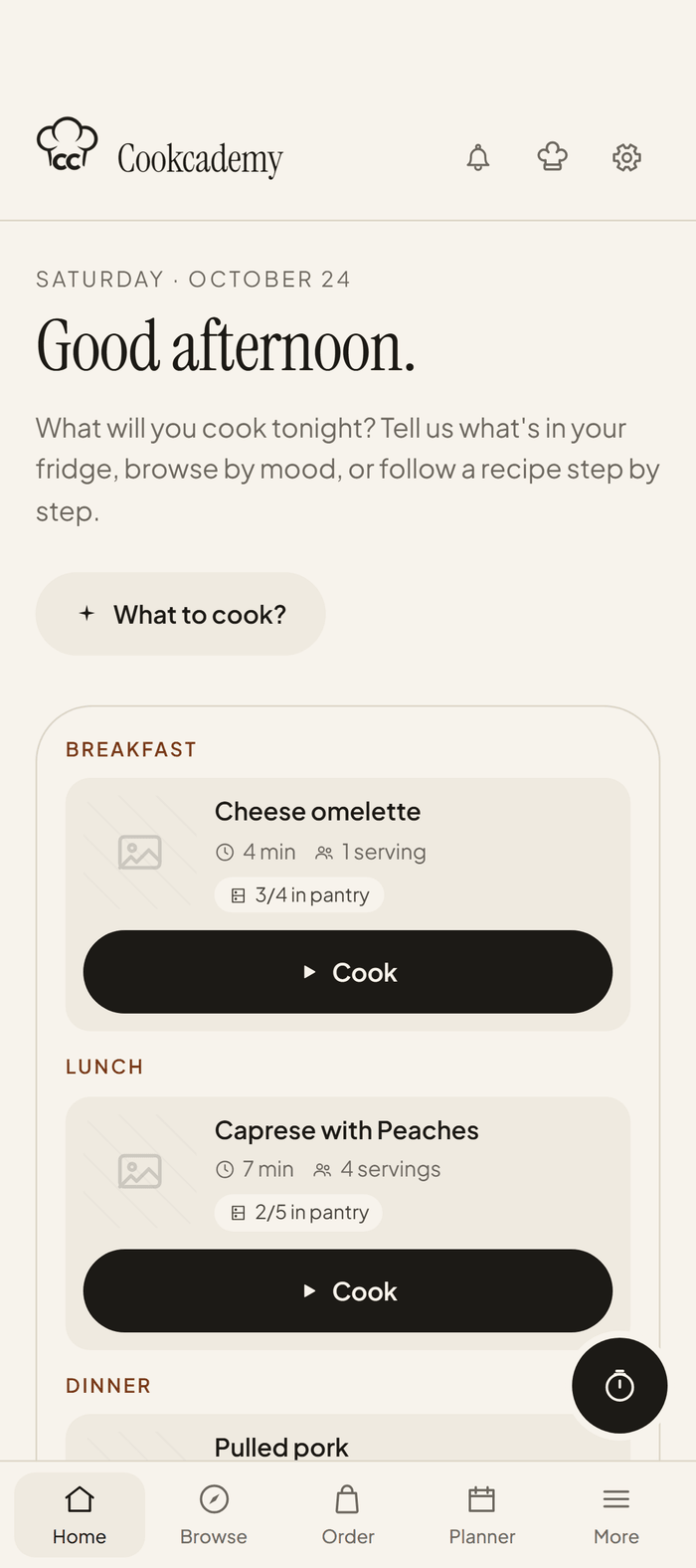 The Cookcademy home screen on an iPhone – today’s breakfast and lunch, how much is in the pantry, the Cook button and the bottom navigation