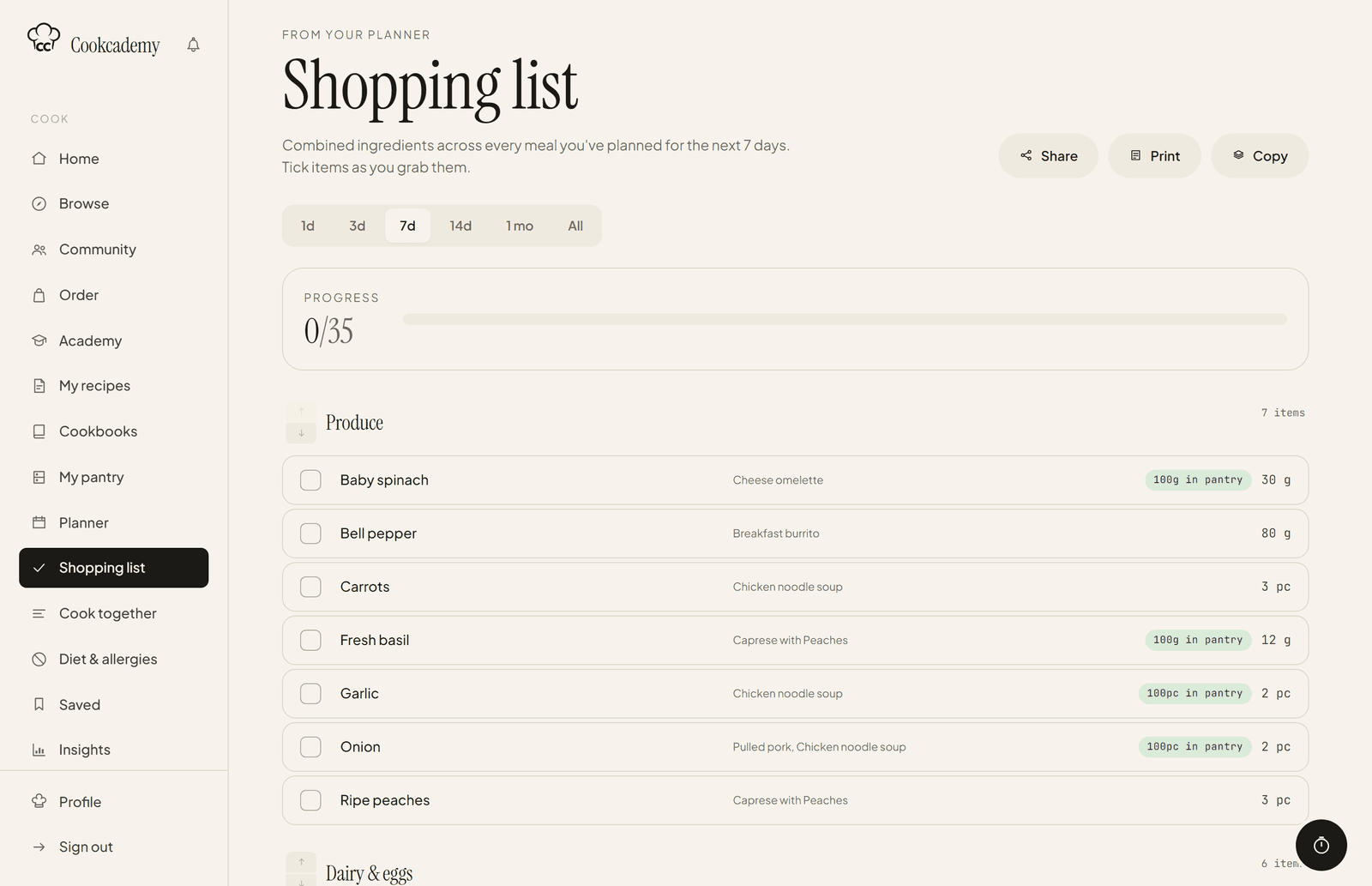 The shopping list on a laptop – ingredients from the weekly plan grouped by aisle, each with the meal it is for and how much is in the pantry