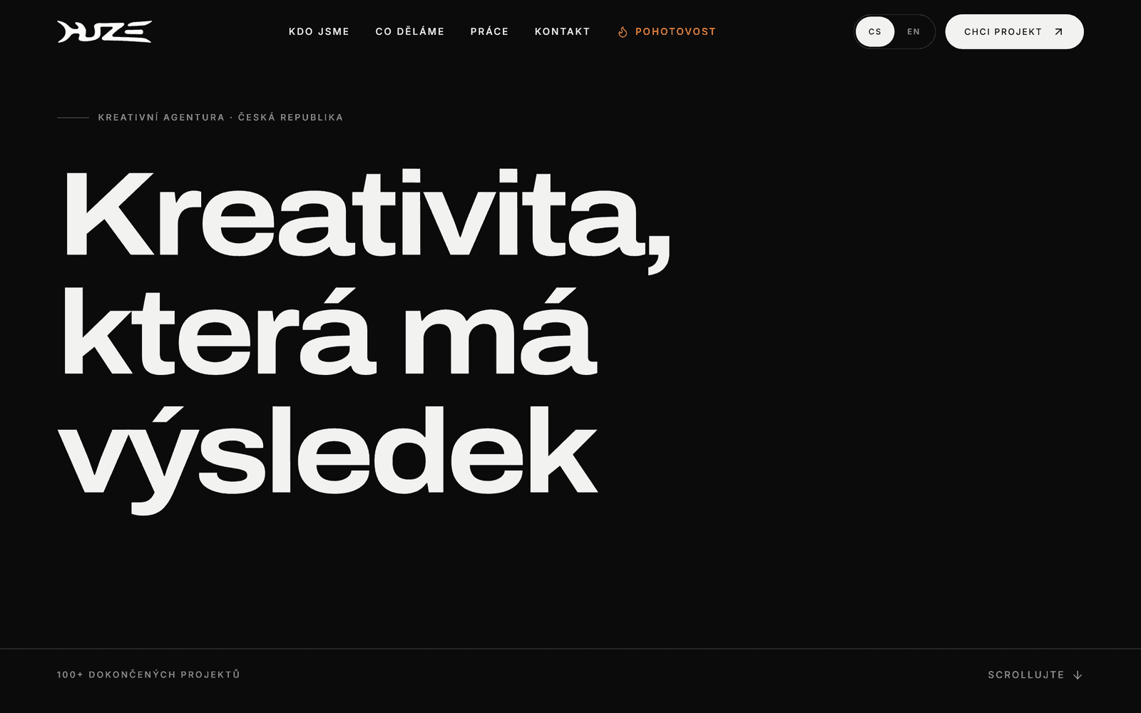 Úvodní obrazovka webu HUZE s nadpisem Kreativita, která má výsledek